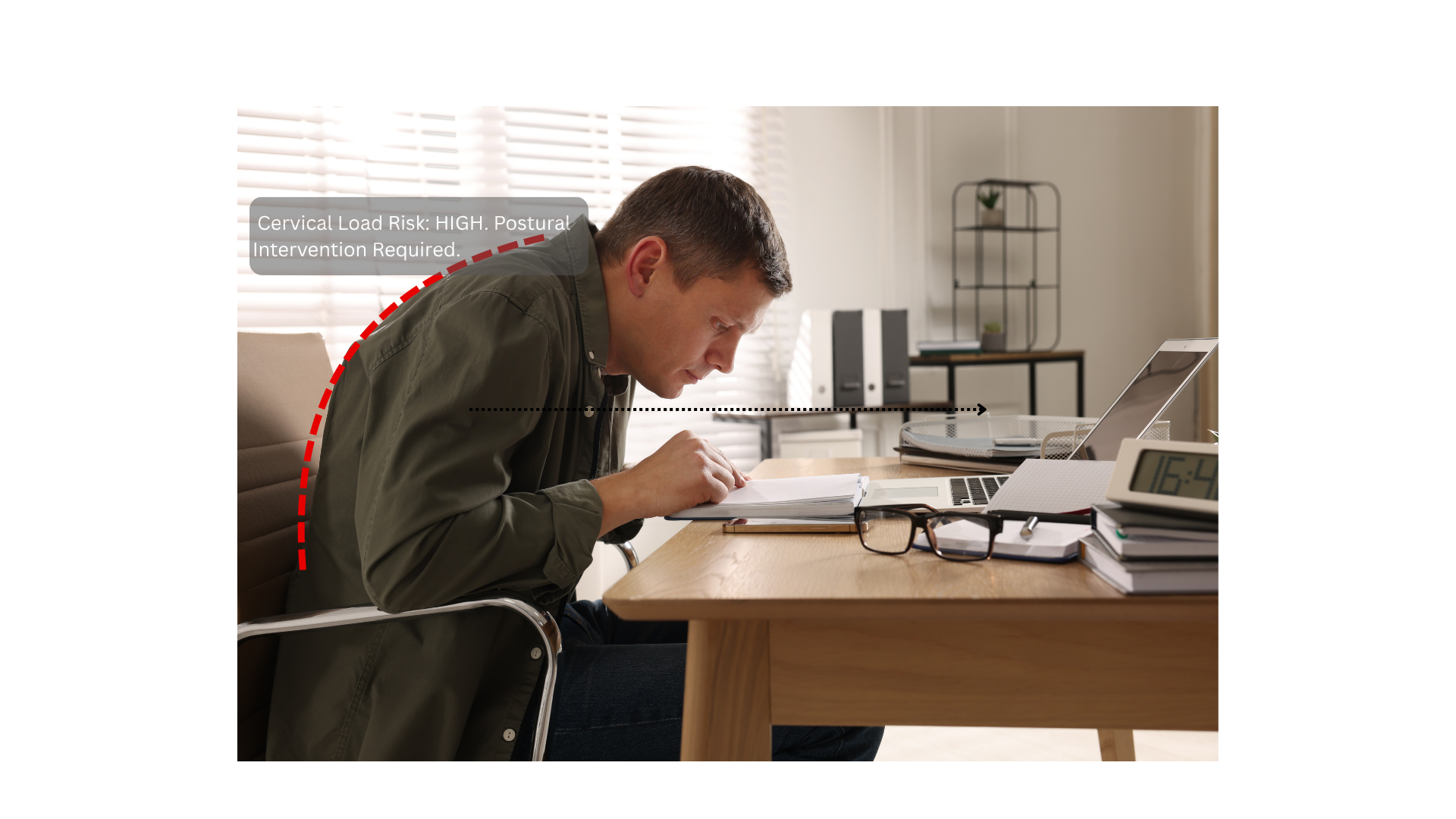 Postural diagnostic of a desk worker showing cervical load